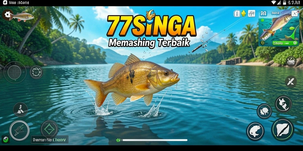 Screenshot gameplay <strong>77SINGA</strong> menunjukkan aksi memancing yang seru dan penuh warna.
