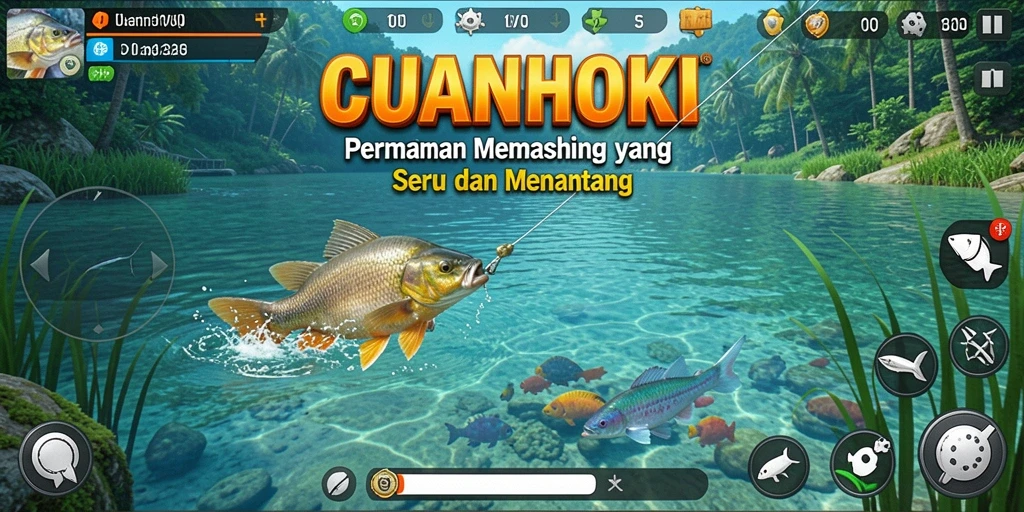 Tampilan gameplay CUANHOKI saat menangkap ikan besar di perairan yang indah.
