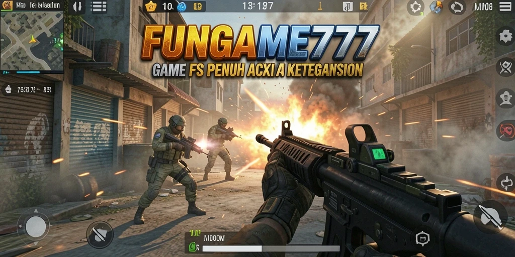Screenshot gameplay FUNGAME777 menampilkan aksi tembak-menembak yang intens.
