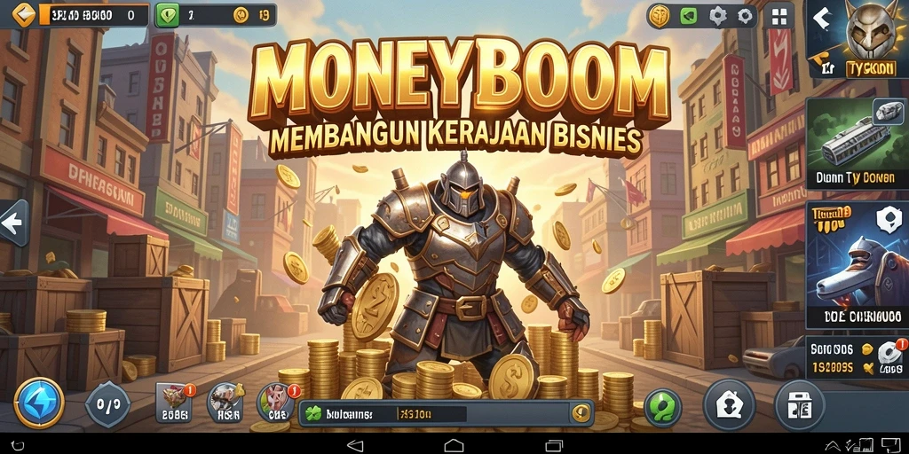 Tampilan gameplay MONEYBOOM yang menampilkan pembangunan bisnis yang dinamis.