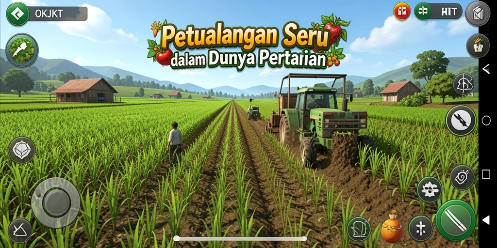 Screenshot utama OKJKT menunjukkan gameplay pertanian yang seru.