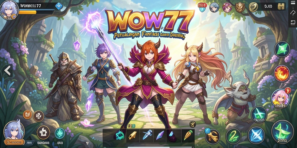 Tangkapan layar utama WOW77 menampilkan karakter anime dalam aksi pertarungan.
